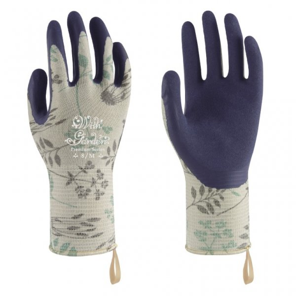 WithGarden Luminus Herb-Patterned Latex-Coated Gardening Gloves (navy and white with pattern)